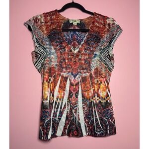 Energe One World Blouse Women Small Multi Color Boho Crochet Sequin